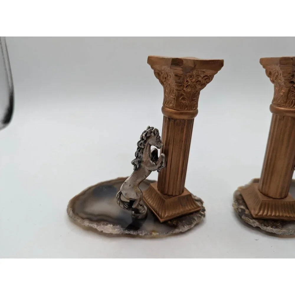 Vintage Horse Column Candle Holders with Agate Bases - 5.5